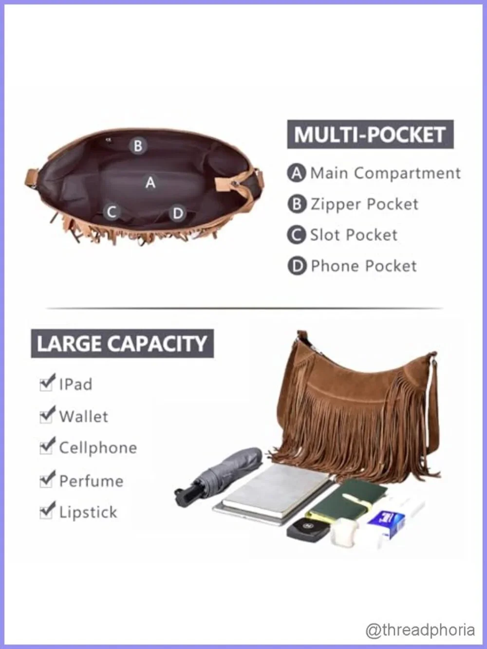 Vegan Suede Fringe Hobo Crossbody Bag with Zipper Pockets